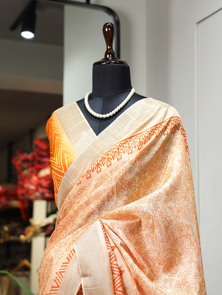 Orange Handloom Kotha Border Saree with Digital Print ClothsVilla