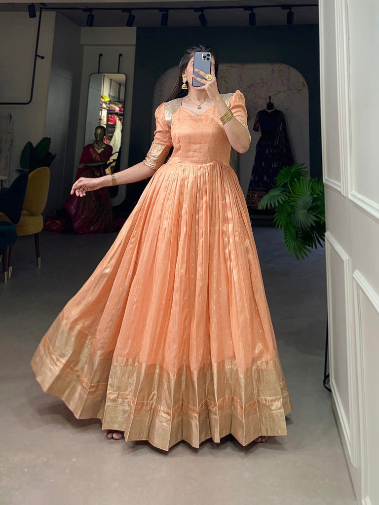 Orange Handwoven Khadi Organza Gown with Exquisite Zari Detailing ClothsVilla