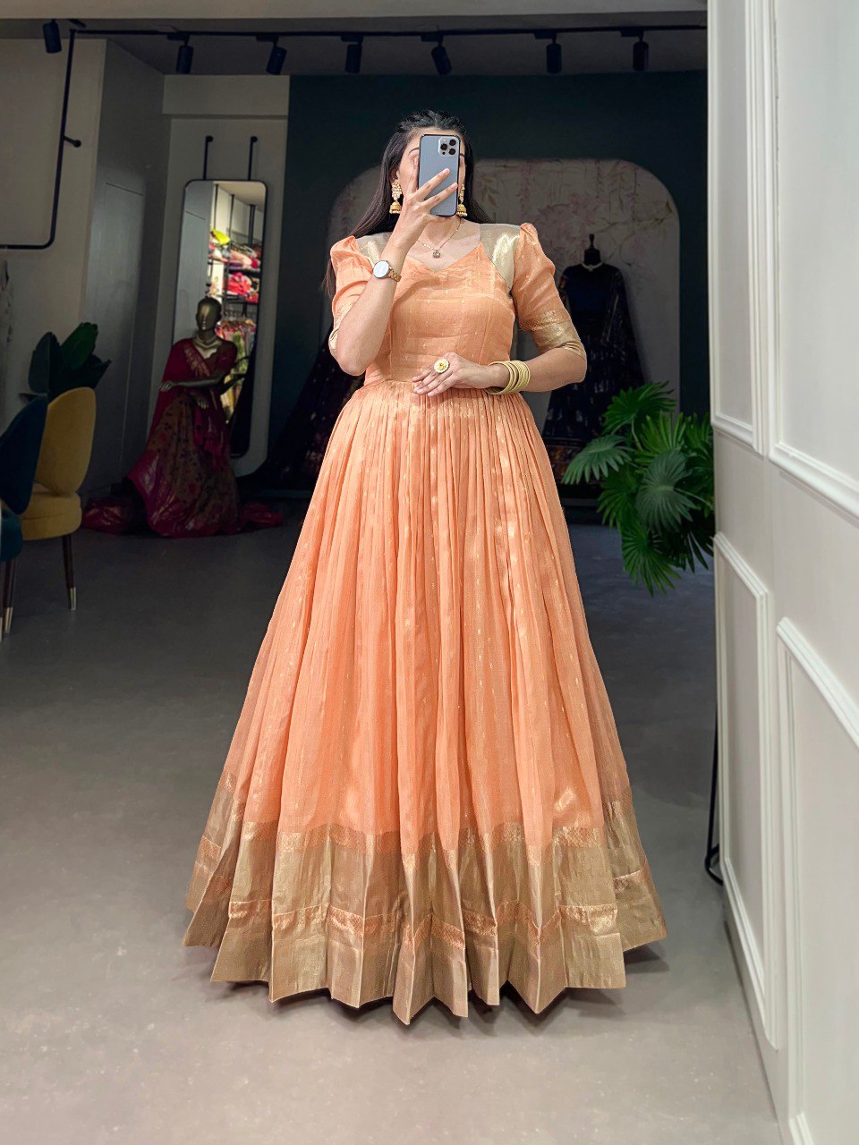Orange Handwoven Khadi Organza Gown with Exquisite Zari Detailing ClothsVilla Main image