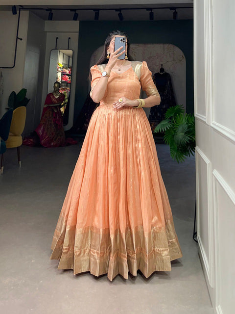 Orange Handwoven Khadi Organza Gown with Exquisite Zari Detailing ClothsVilla Main image