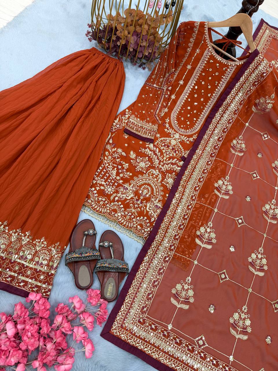 Orange Heavy Embroidered Plazzo Set ClothsVilla