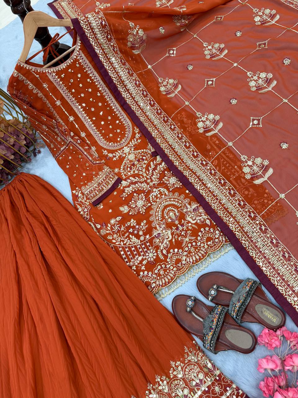 Orange Heavy Embroidered Plazzo Set ClothsVilla