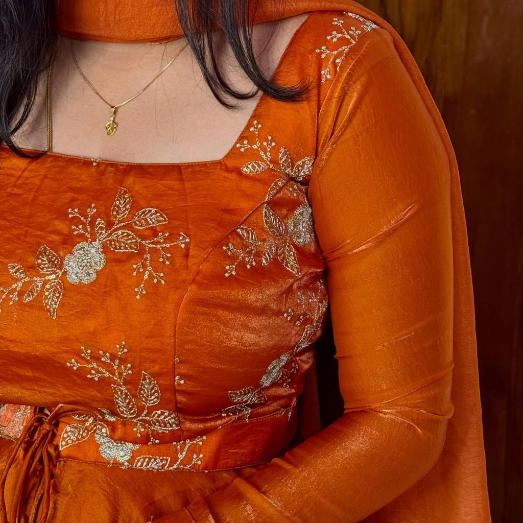 Orange Heavy Fandy Satin Embroidered Lehenga Choli Set ClothsVilla