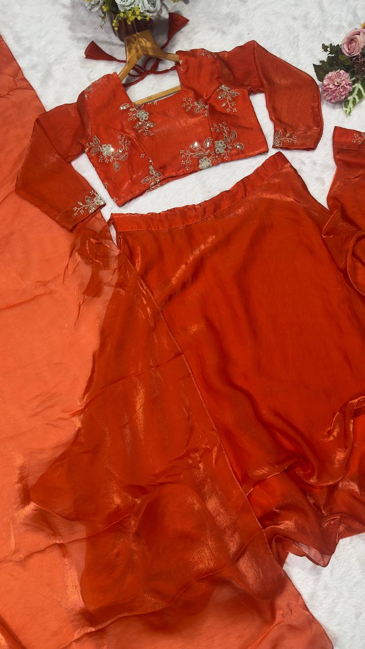 Orange Heavy Fandy Satin Embroidered Lehenga Choli Set ClothsVilla