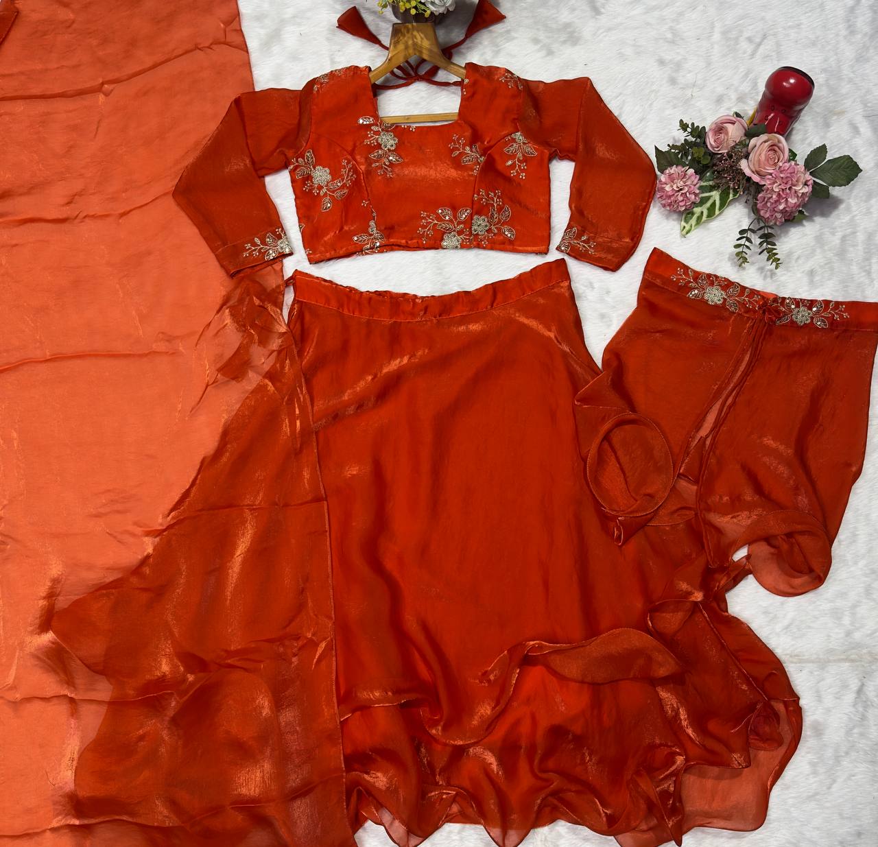 Orange Heavy Fandy Satin Embroidered Lehenga Choli Set ClothsVilla