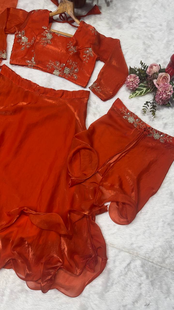 Orange Heavy Fandy Satin Embroidered Lehenga Choli Set ClothsVilla