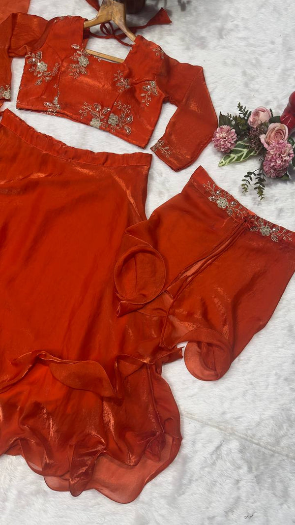 Orange Heavy Fandy Satin Embroidered Lehenga Choli Set ClothsVilla