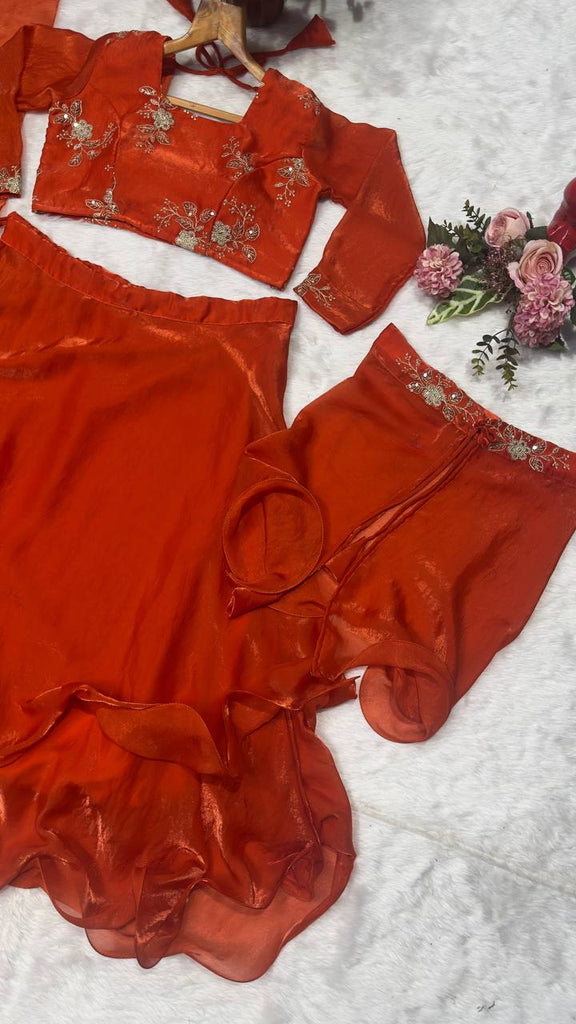 Orange Heavy Fandy Satin Embroidered Lehenga Choli Set ClothsVilla