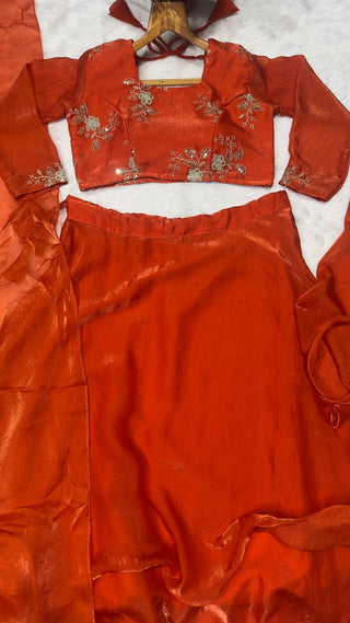 Orange Heavy Fandy Satin Embroidered Lehenga Choli Set ClothsVilla