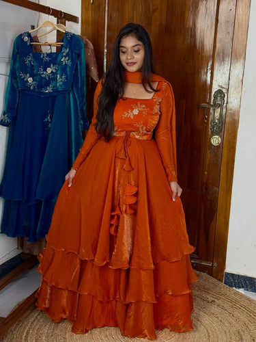 Orange Heavy Fandy Satin Embroidered Lehenga Choli Set ClothsVilla