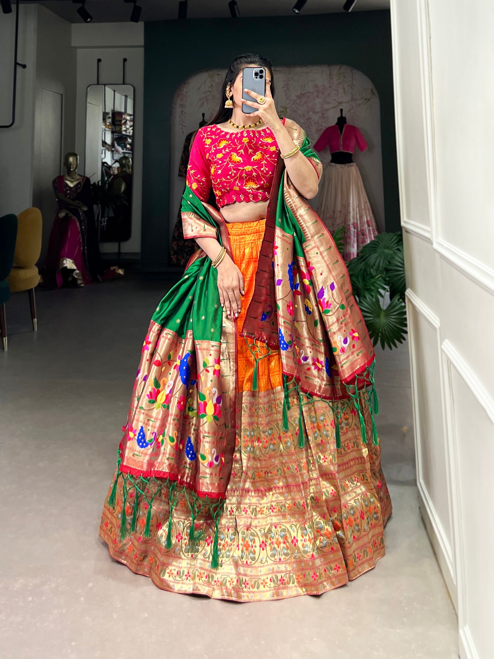 Orange Jacquard Lehenga Set with Zari Weaving – Embrace Elegance in Paithani Style