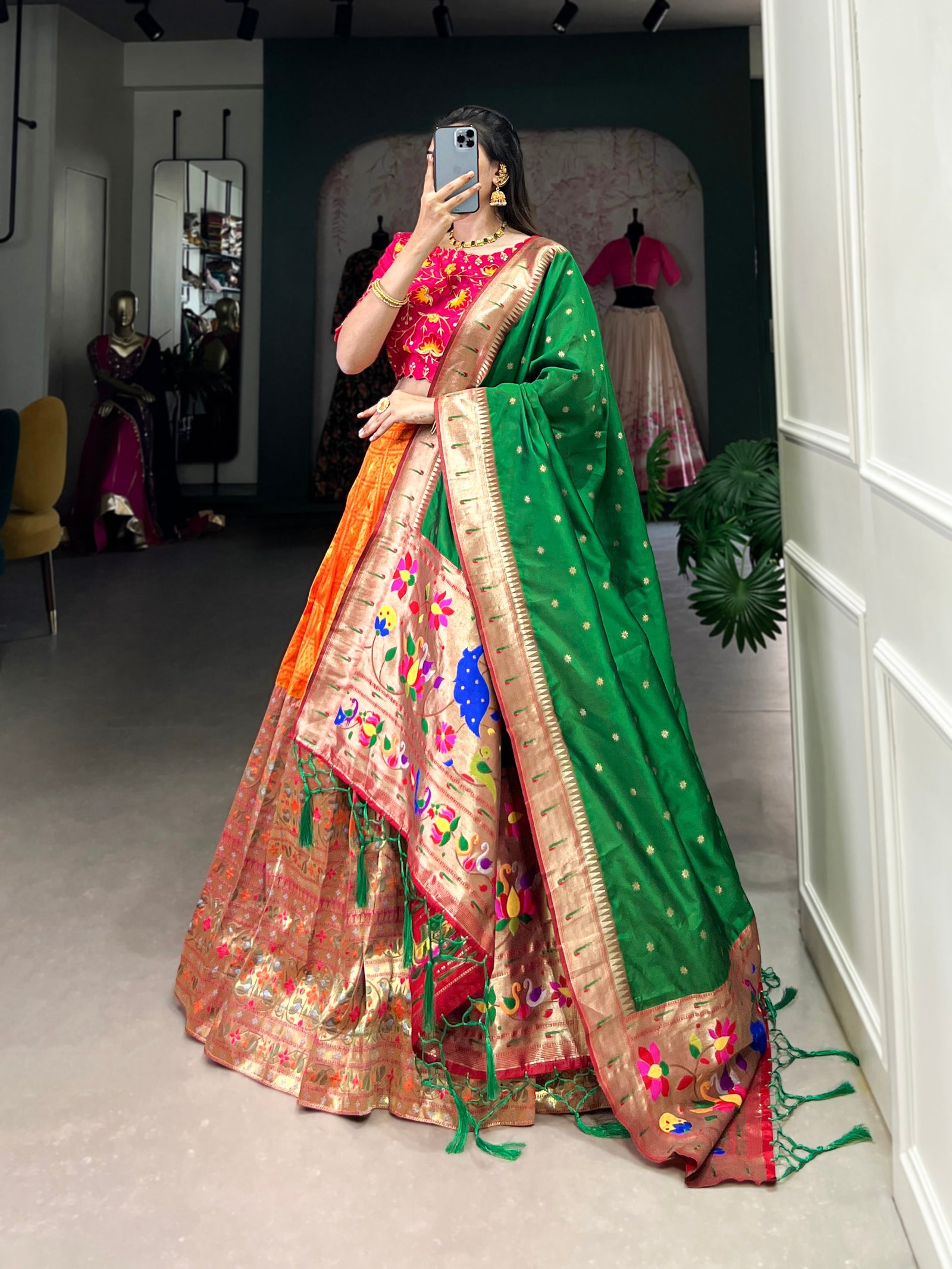 Orange Jacquard Lehenga Set with Zari Weaving – Embrace Elegance in Paithani Style