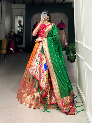 Orange Jacquard Lehenga Set with Zari Weaving – Embrace Elegance in Paithani Style