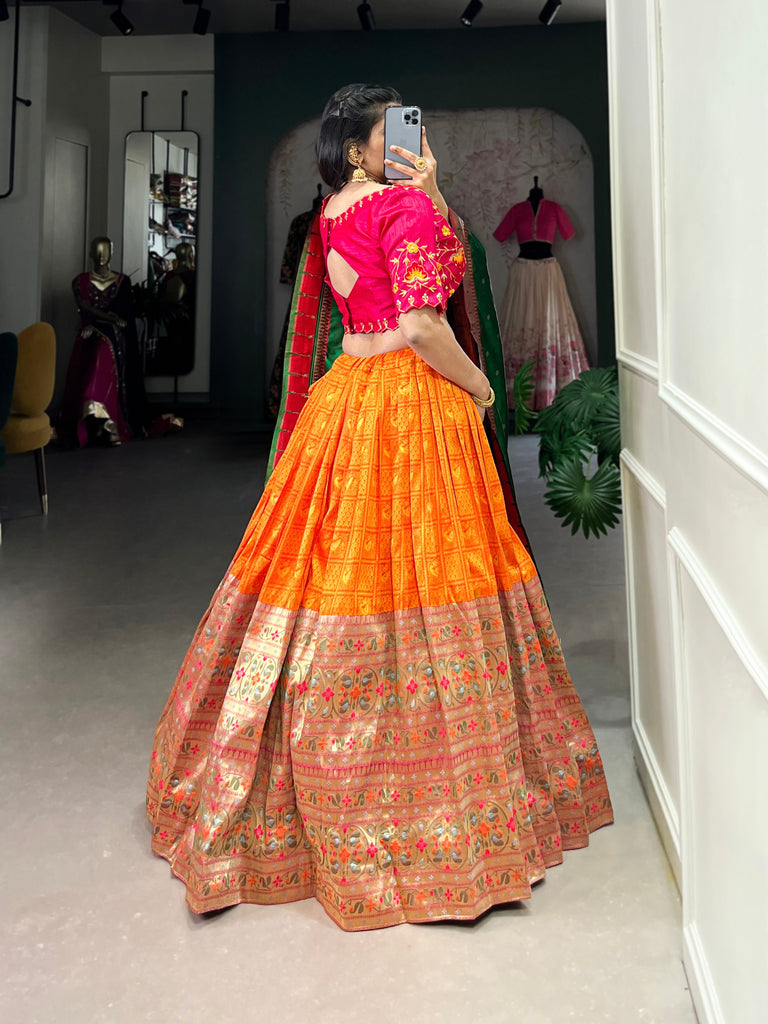 Orange Jacquard Lehenga Set with Zari Weaving – Embrace Elegance in Paithani Style
