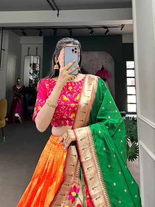 Orange Jacquard Lehenga Set with Zari Weaving – Embrace Elegance in Paithani Style