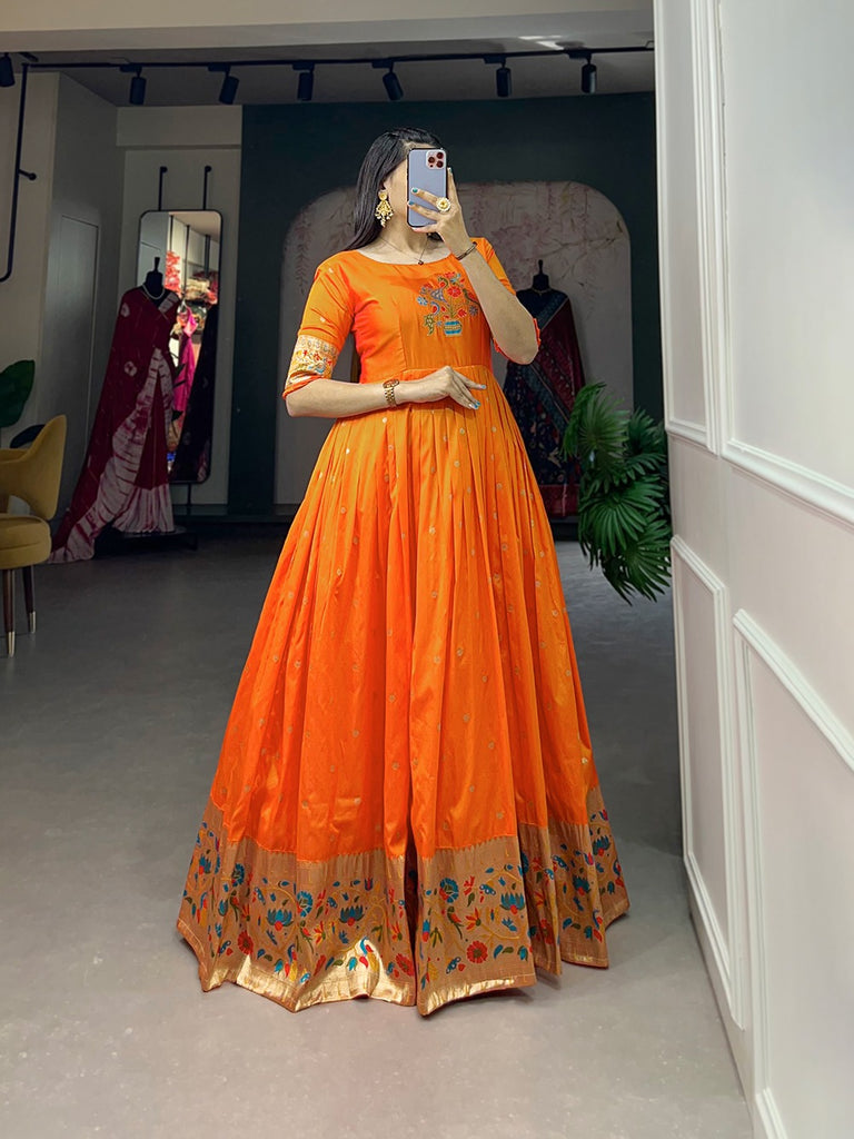 Orange Jacquard Silk Paithani Gown ClothsVilla