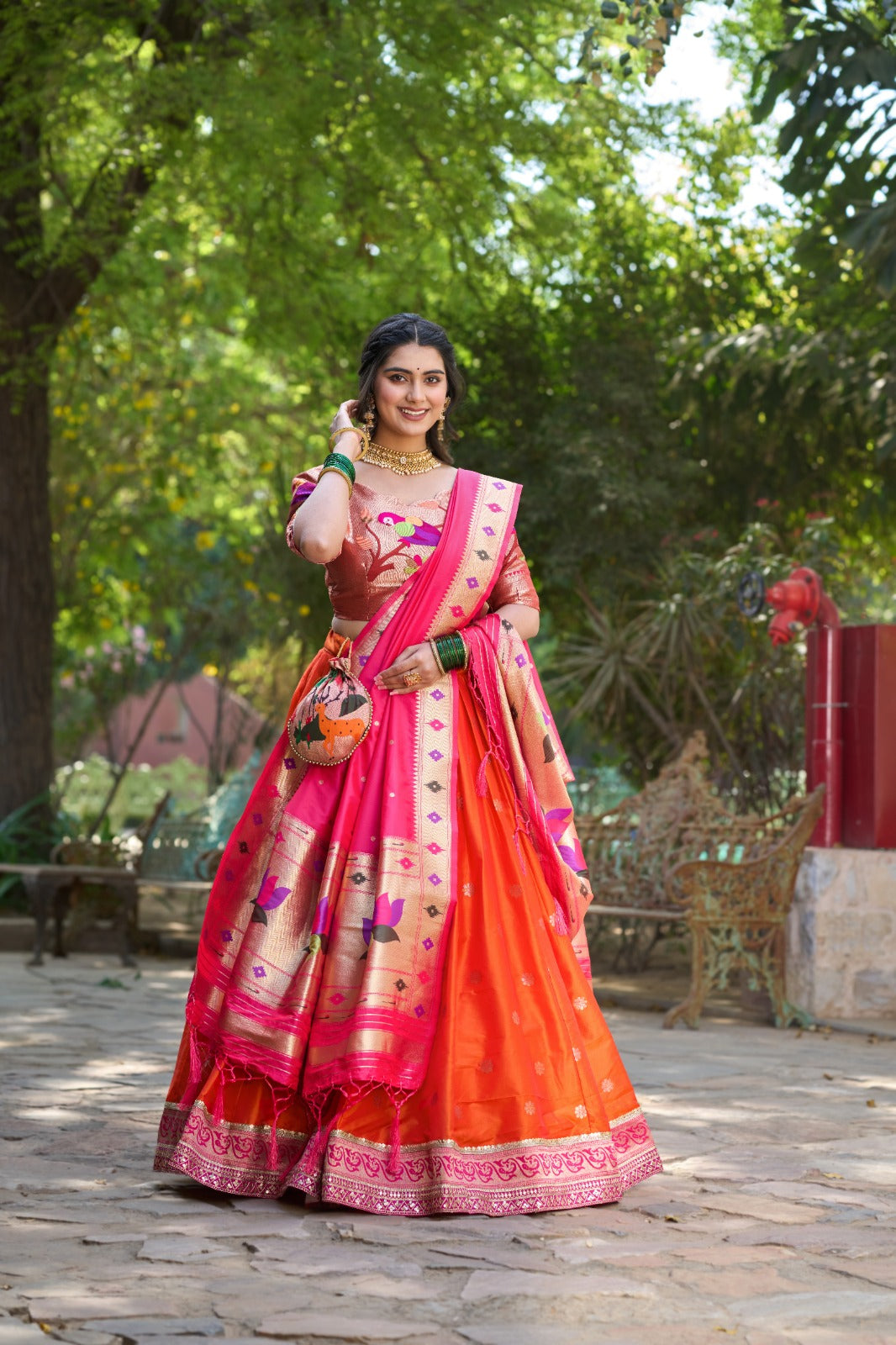 Orange Jacquard Silk Paithani Lehenga Choli Set ClothsVilla Main image