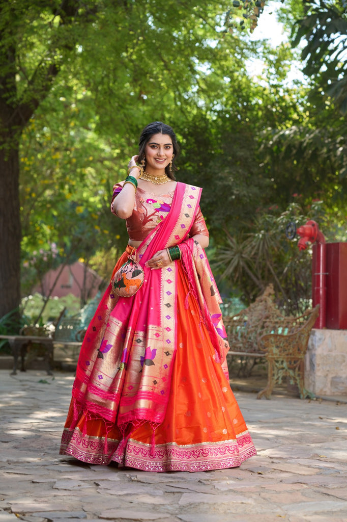 Orange Jacquard Silk Paithani Lehenga Choli Set ClothsVilla