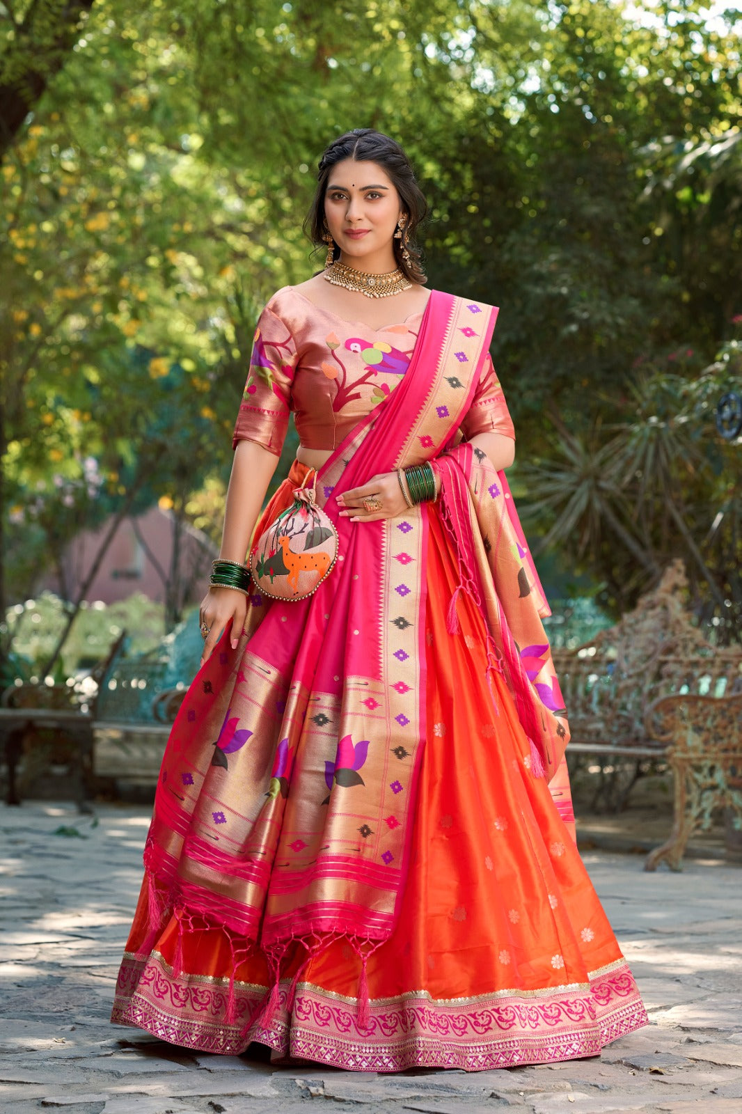 Orange Jacquard Silk Paithani Lehenga Choli Set Secondary image