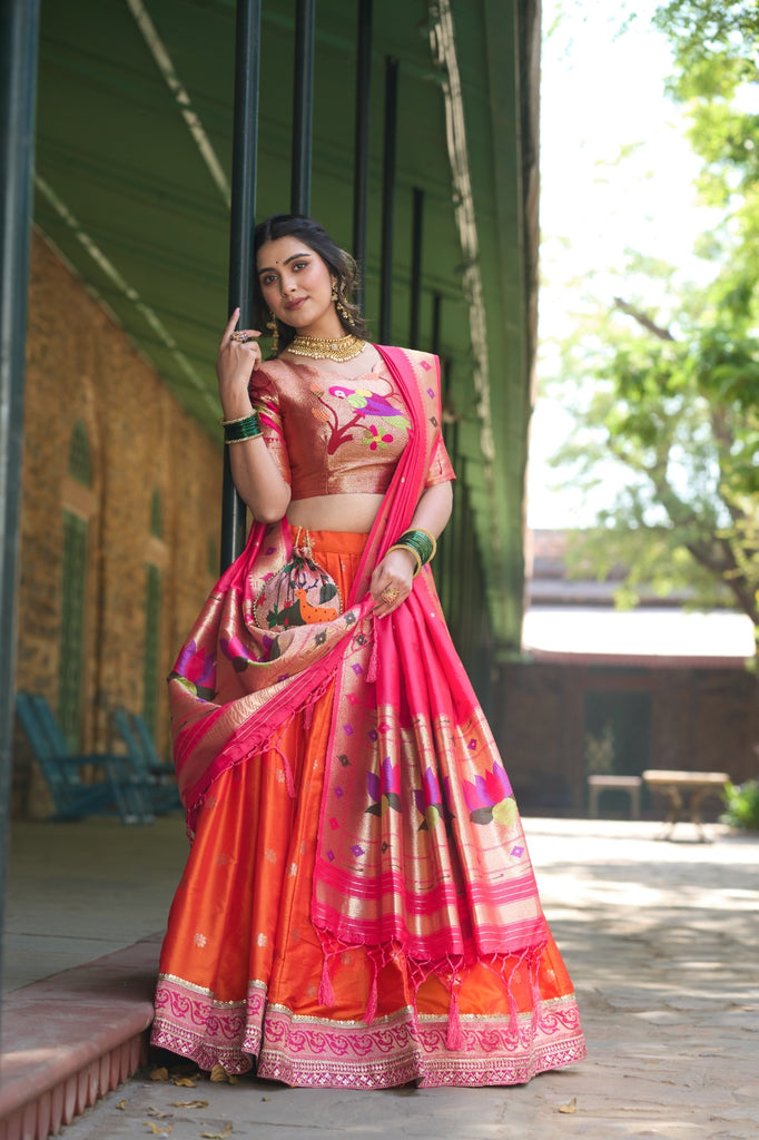 Orange Jacquard Silk Paithani Lehenga Choli Set ClothsVilla