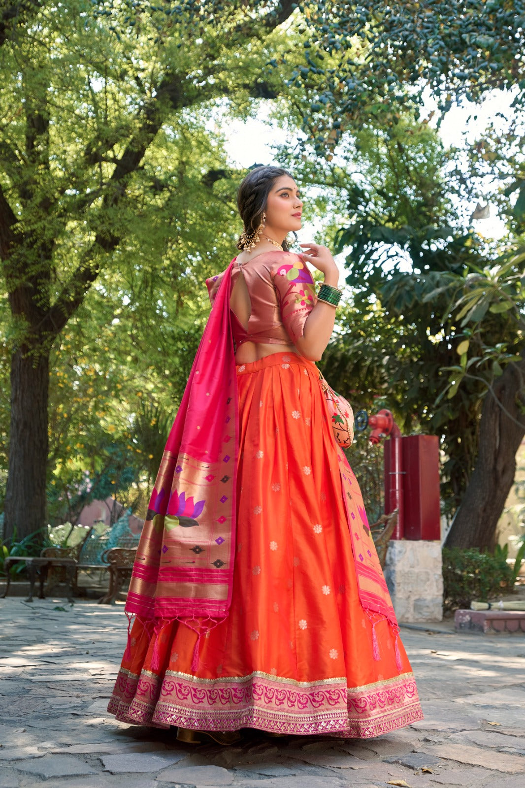 Orange Jacquard Silk Paithani Lehenga Choli Set ClothsVilla