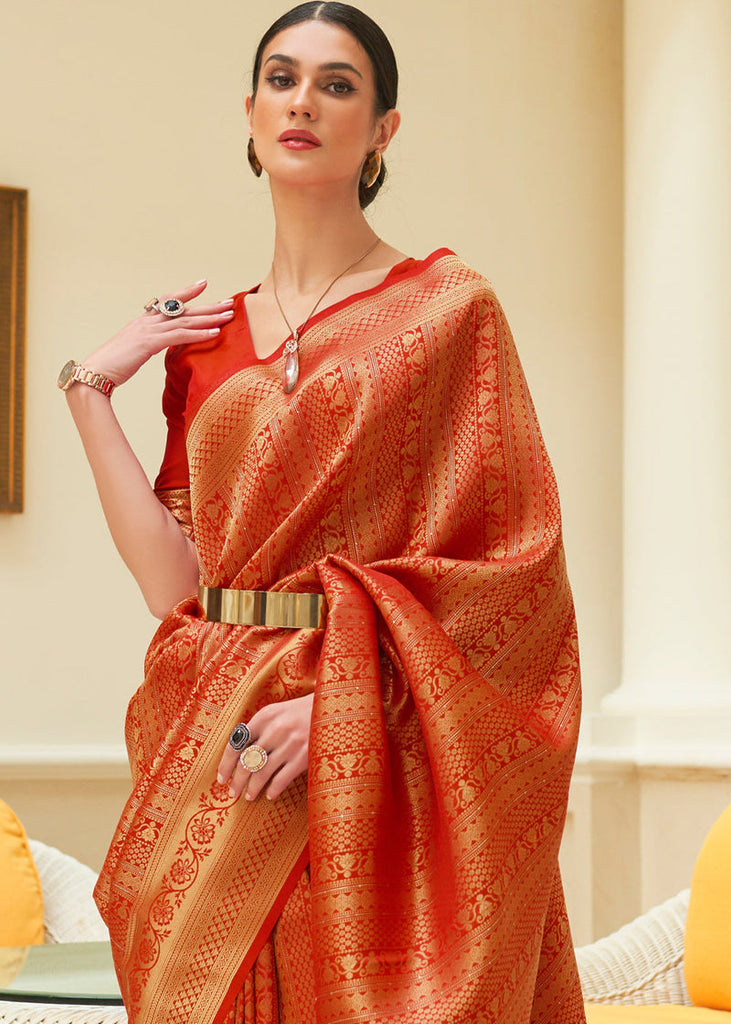 Orange Kanjivaram Silk Saree with Sequins Zari ClothsVilla