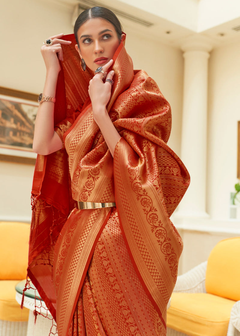 Orange Kanjivaram Silk Saree with Sequins Zari ClothsVilla