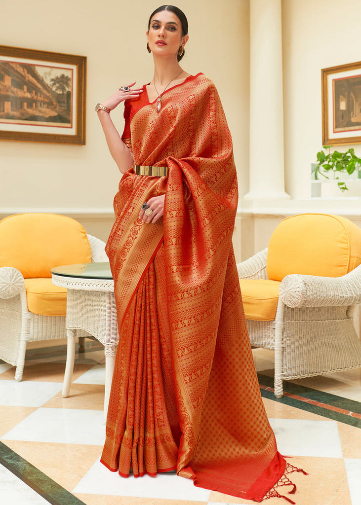 Orange Kanjivaram Silk Saree with Sequins Zari ClothsVilla