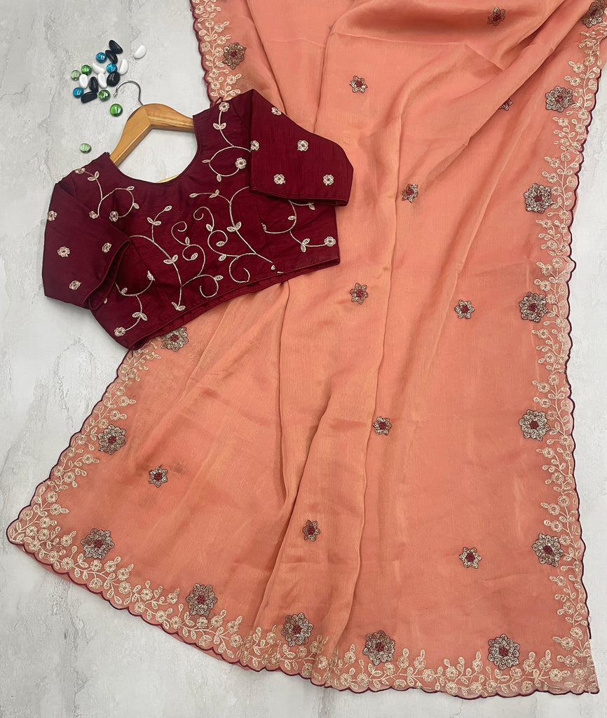 Orange Kasoli Silk Saree with Beautiful Embroidery and Contrast Thread Work ClothsVilla