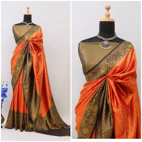 Orange Kuber Soft Silk Saree with Exquisite Golden Jari Work & Matching Blouse ClothsVilla Main image
