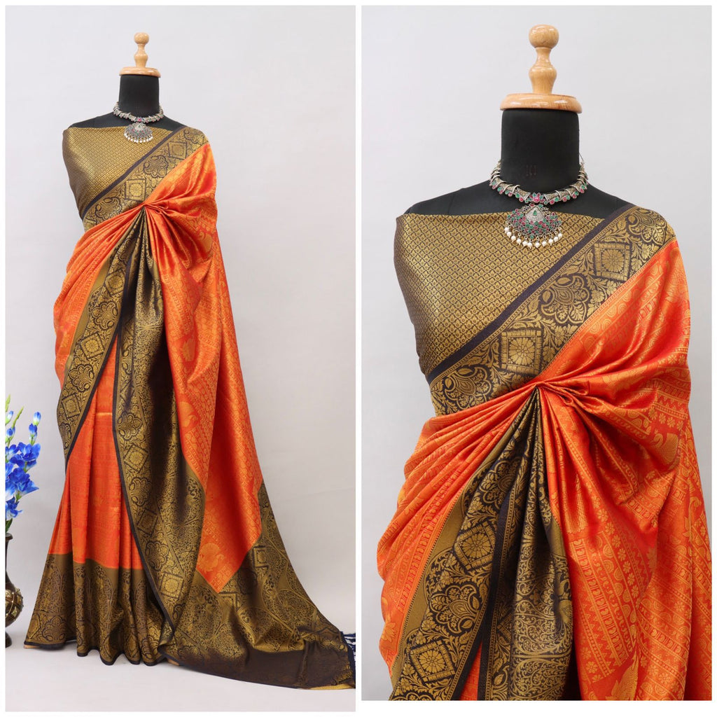 Orange Kuber Soft Silk Saree with Exquisite Golden Jari Work & Matching Blouse ClothsVilla