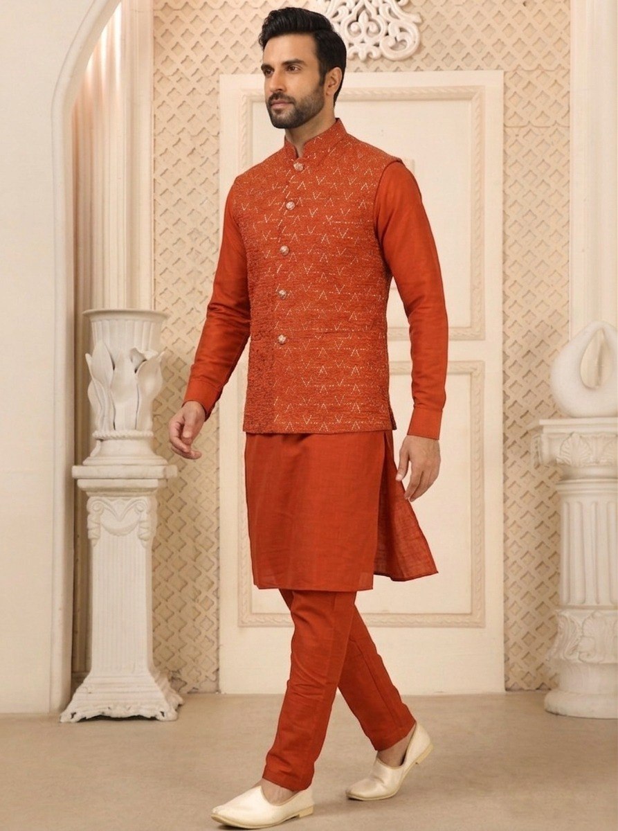 Orange Kurta Pant Set with Designer Koti ClothsVilla