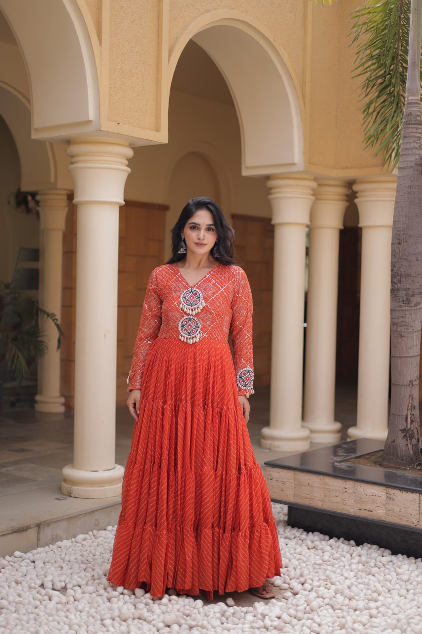 Orange Kutchi Patchwork Laheriya Gown ClothsVilla