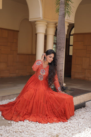 Orange Kutchi Patchwork Laheriya Gown ClothsVilla