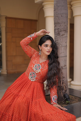 Orange Kutchi Patchwork Laheriya Gown ClothsVilla