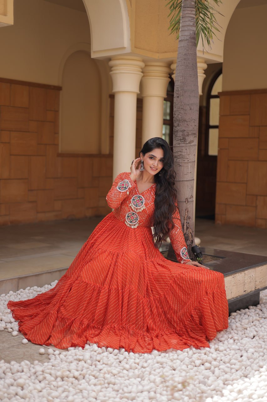 Orange Kutchi Patchwork Laheriya Gown ClothsVilla