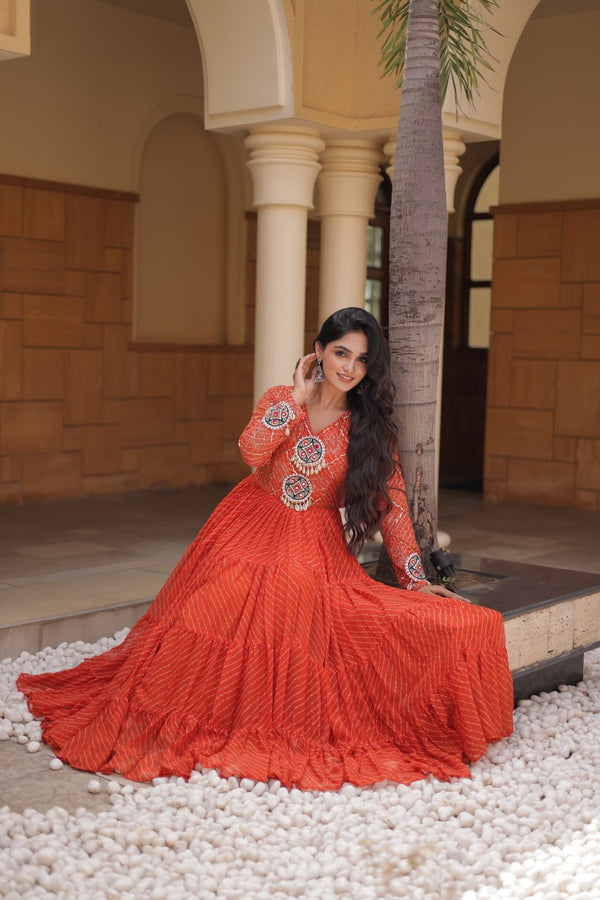 Orange Kutchi Patchwork Laheriya Gown ClothsVilla