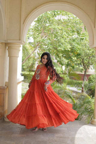 Orange Kutchi Patchwork Laheriya Gown ClothsVilla
