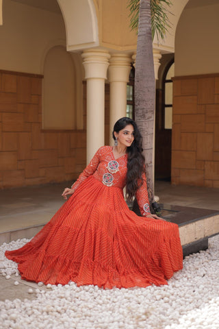 Orange Kutchi Patchwork Laheriya Gown ClothsVilla