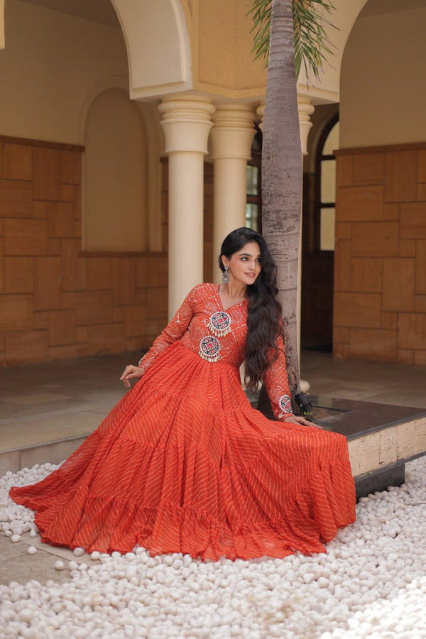 Orange Kutchi Patchwork Laheriya Gown ClothsVilla