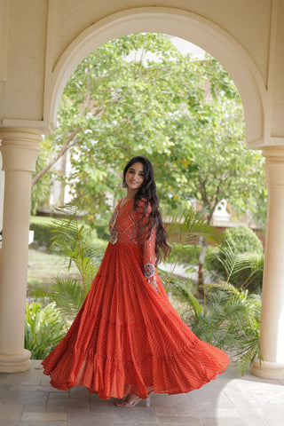 Orange Kutchi Patchwork Laheriya Gown ClothsVilla