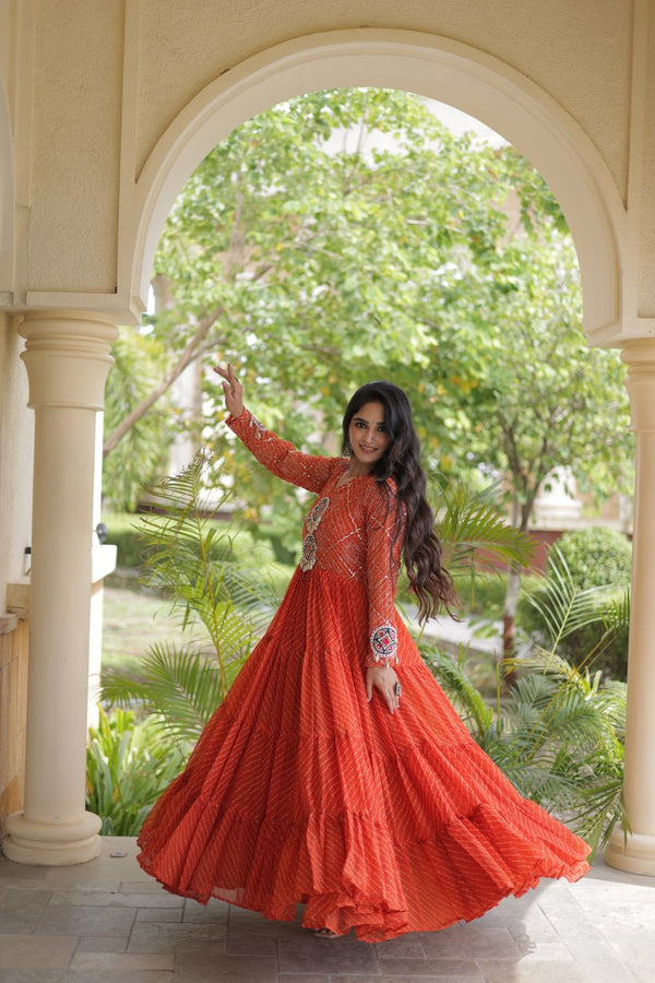 Orange Kutchi Patchwork Laheriya Gown ClothsVilla