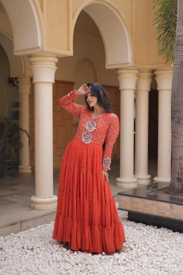 Orange Kutchi Patchwork Laheriya Gown ClothsVilla