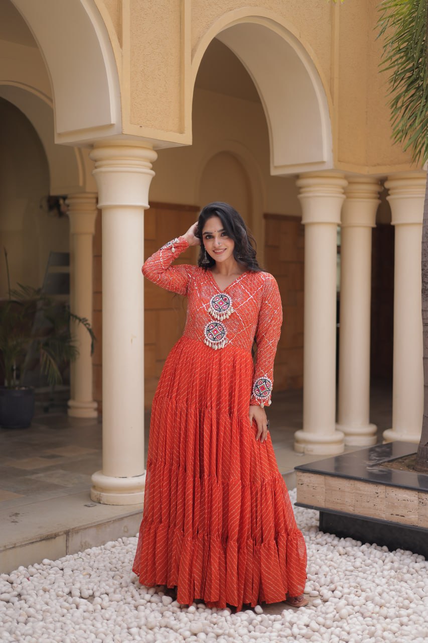Orange Kutchi Patchwork Laheriya Gown ClothsVilla