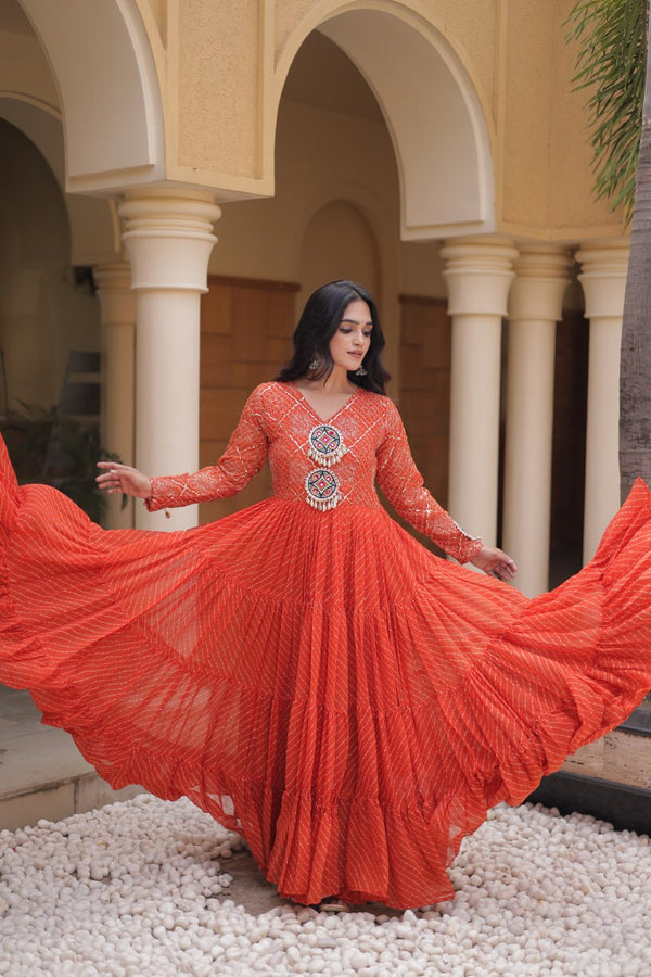 Orange Kutchi Patchwork Laheriya Gown ClothsVilla