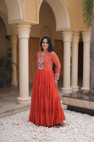 Orange Kutchi Patchwork Laheriya Gown ClothsVilla
