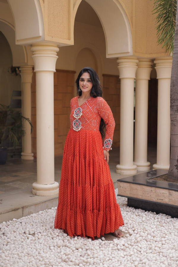 Orange Kutchi Patchwork Laheriya Gown ClothsVilla