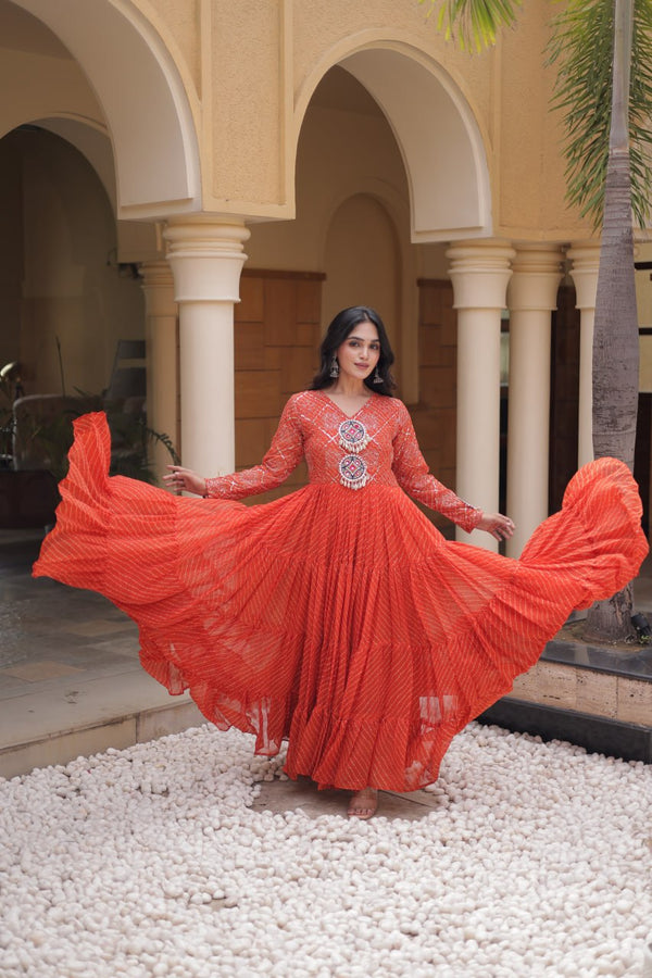 Orange Kutchi Patchwork Laheriya Gown ClothsVilla