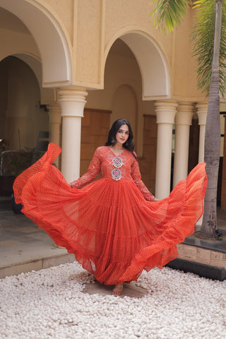 Orange Kutchi Patchwork Laheriya Gown ClothsVilla