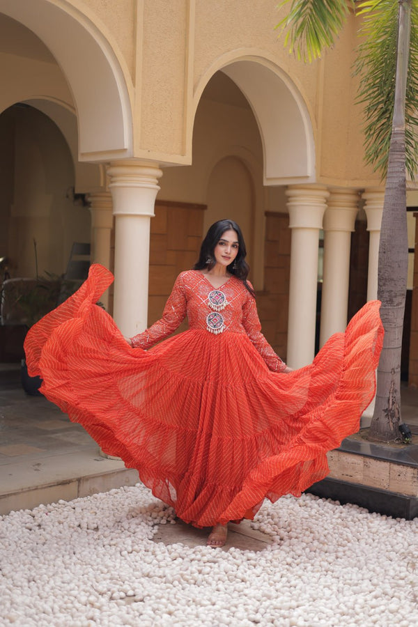 Orange Kutchi Patchwork Laheriya Gown ClothsVilla